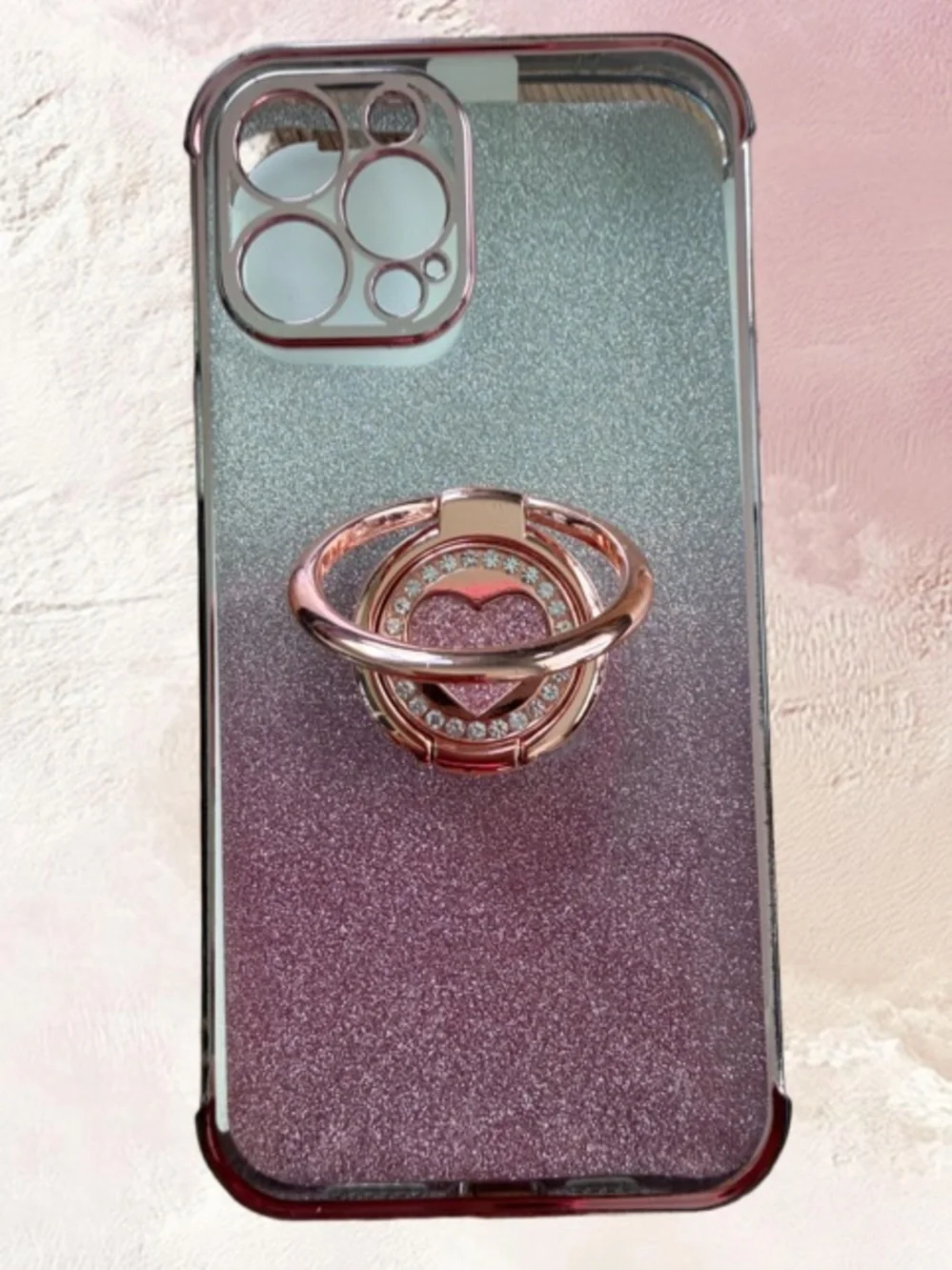 EUC GLITTER OMBRE PINK ROSE GOLD IPHONE CASE WITH HEART RING HOLDER/12 PRO MAX